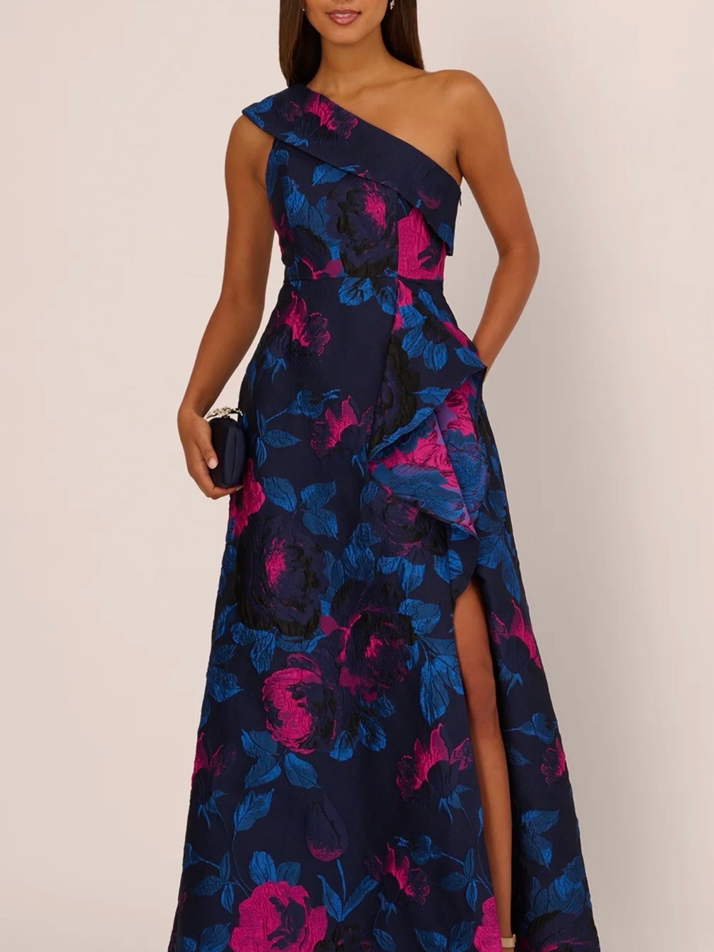 Adrianna Papell One Shoulder Floral Jacquard A Line Gown In Navy Orchid